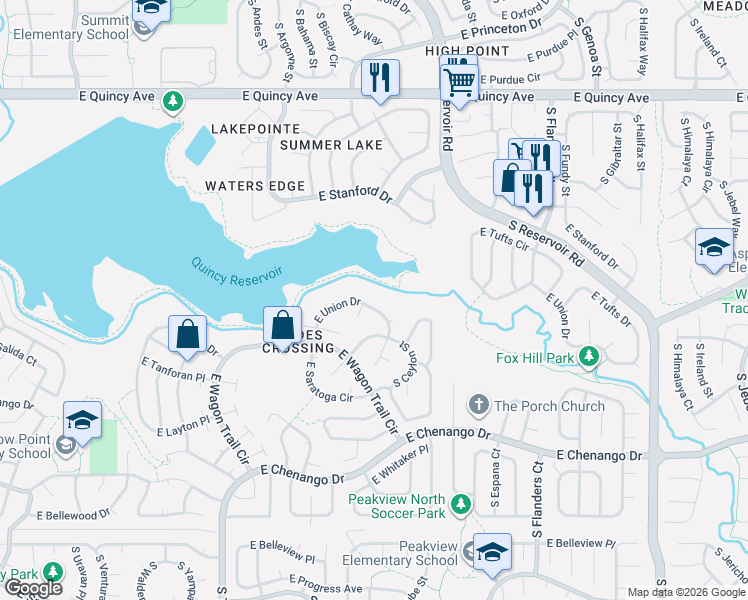 map of restaurants, bars, coffee shops, grocery stores, and more near 18937 East Union Drive in Aurora