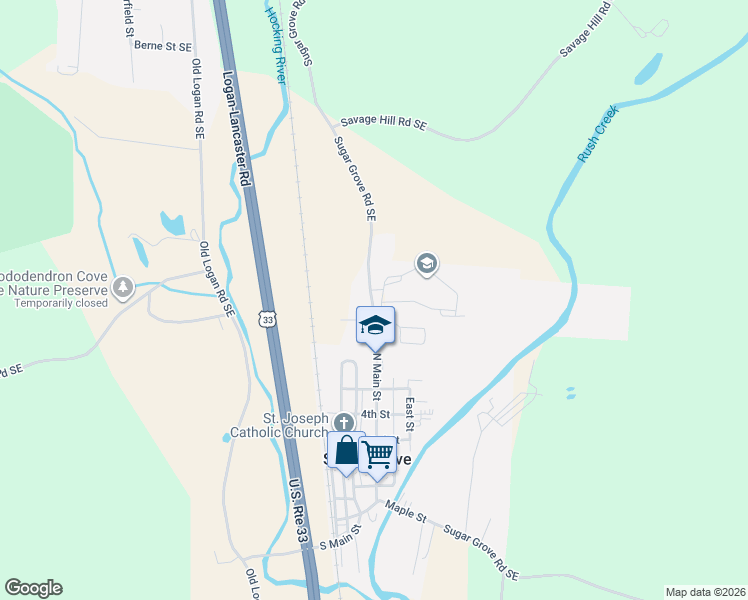 map of restaurants, bars, coffee shops, grocery stores, and more near 6200 Sugar Grove Road Southeast in Sugar Grove