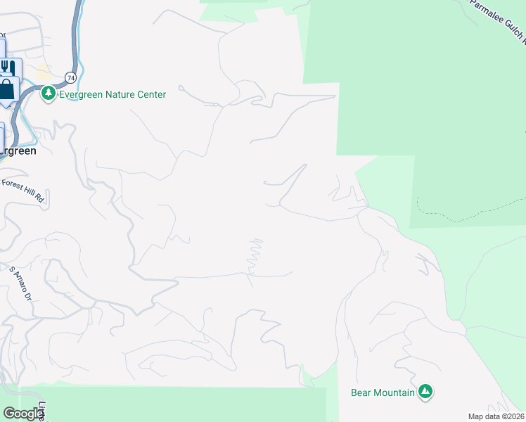 map of restaurants, bars, coffee shops, grocery stores, and more near 26344 Independence Trail in Evergreen