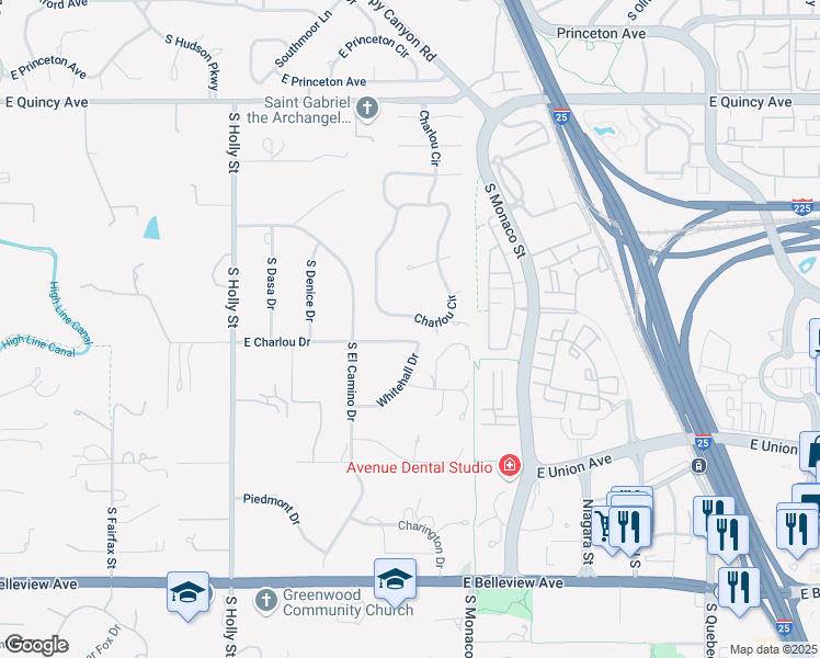 map of restaurants, bars, coffee shops, grocery stores, and more near 48 Charlou Circle in Cherry Hills Village