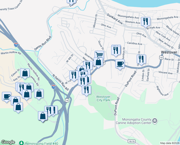 map of restaurants, bars, coffee shops, grocery stores, and more near 874 Fairmont Road in Morgantown