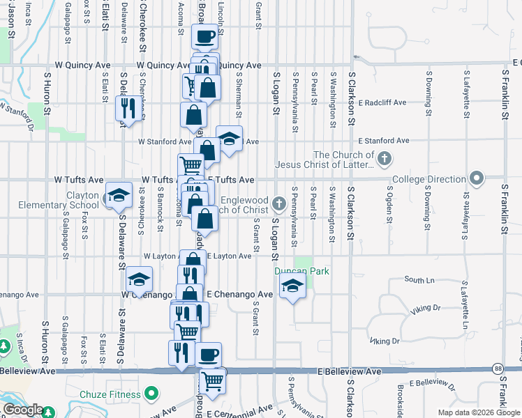 map of restaurants, bars, coffee shops, grocery stores, and more near 4685 South Logan Street in Englewood