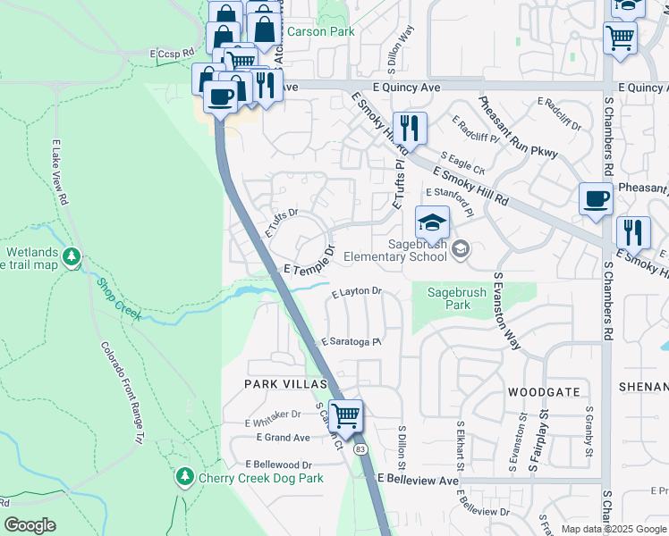 map of restaurants, bars, coffee shops, grocery stores, and more near 14110 East Temple Drive in Aurora
