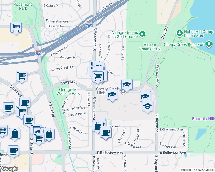 map of restaurants, bars, coffee shops, grocery stores, and more near 4693 South Akron Street in Greenwood Village