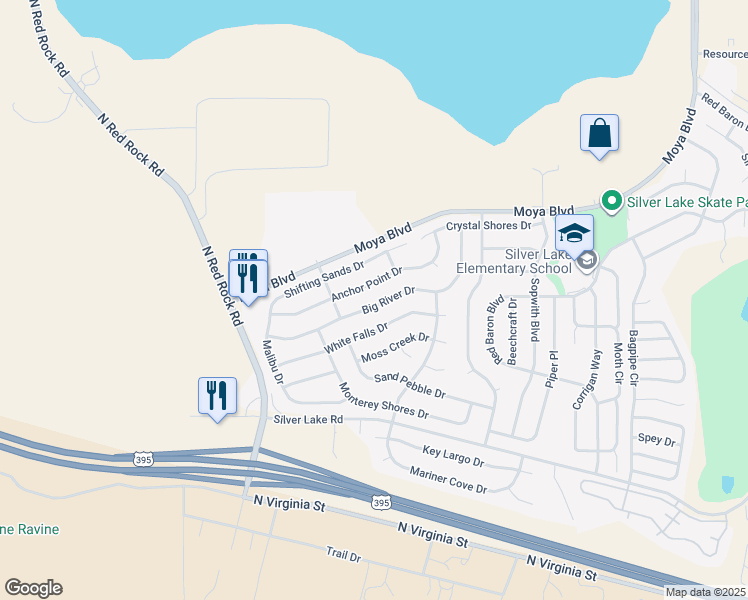 map of restaurants, bars, coffee shops, grocery stores, and more near 8010 Big River Drive in Reno