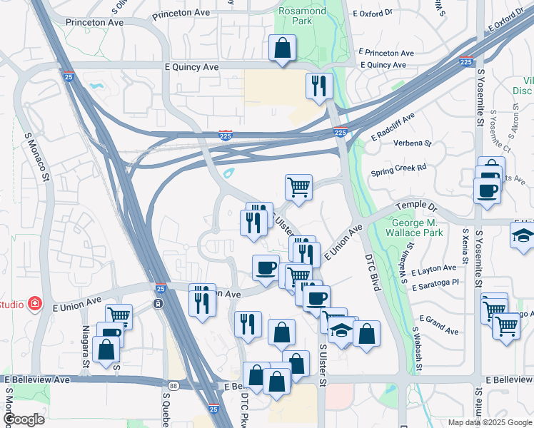 map of restaurants, bars, coffee shops, grocery stores, and more near 4601 South Ulster Street in Denver