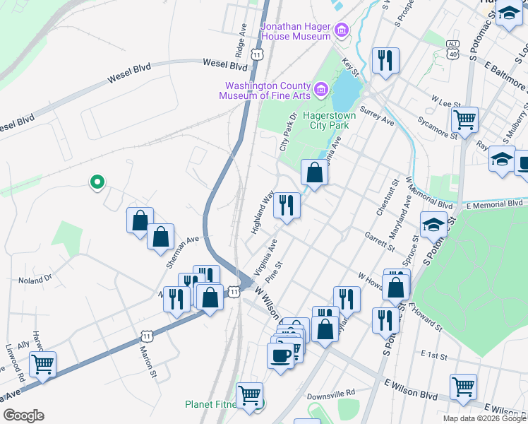 map of restaurants, bars, coffee shops, grocery stores, and more near 634 Highland Way in Hagerstown