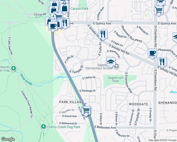 map of restaurants, bars, coffee shops, grocery stores, and more near 14110 East Temple Drive in Aurora