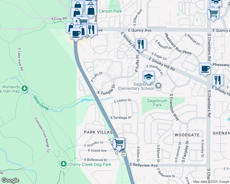 map of restaurants, bars, coffee shops, grocery stores, and more near 14110 East Temple Drive in Aurora