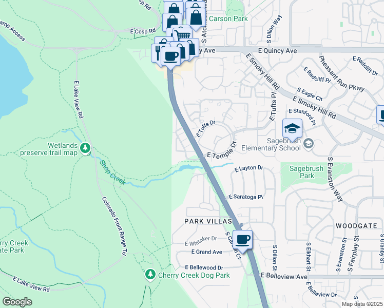 map of restaurants, bars, coffee shops, grocery stores, and more near 4658 South Abilene Circle in Aurora