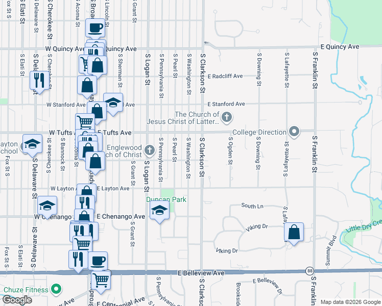 map of restaurants, bars, coffee shops, grocery stores, and more near 4695 South Clarkson Street in Englewood