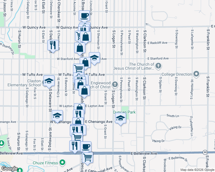 map of restaurants, bars, coffee shops, grocery stores, and more near 4685 South Logan Street in Englewood