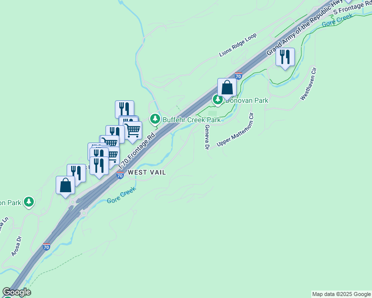 map of restaurants, bars, coffee shops, grocery stores, and more near 1826 Alta Circle in Vail