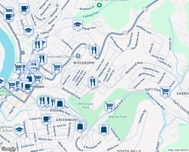 map of restaurants, bars, coffee shops, grocery stores, and more near 1800 James Street in Morgantown