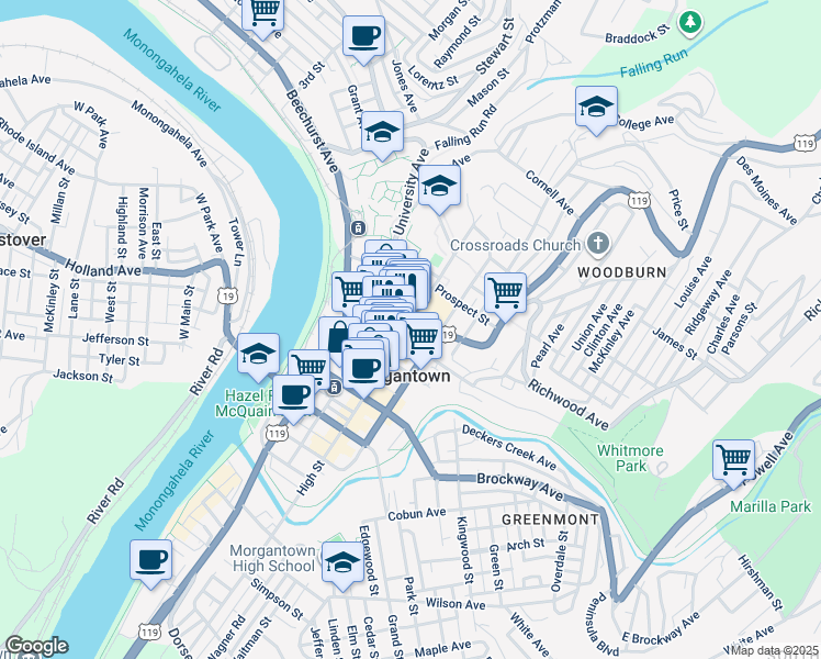 map of restaurants, bars, coffee shops, grocery stores, and more near 442 High Street in Morgantown
