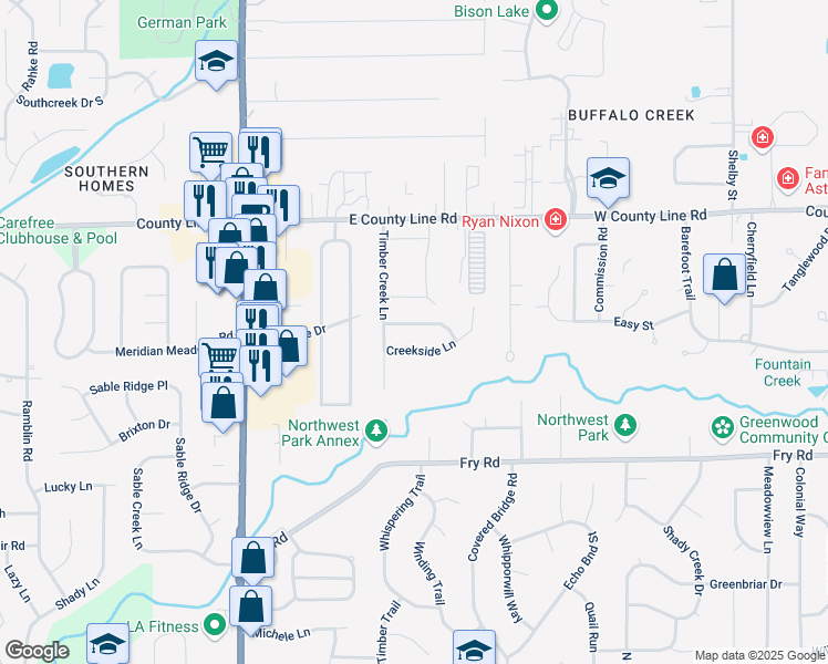 map of restaurants, bars, coffee shops, grocery stores, and more near 1546 Creekside Lane in Greenwood