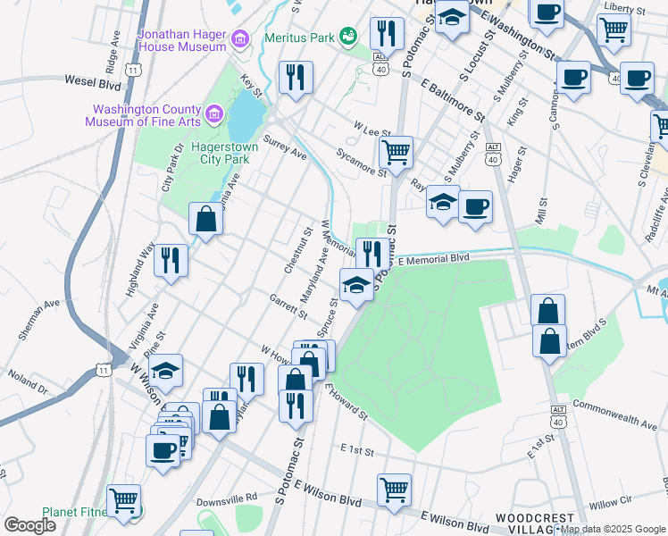 map of restaurants, bars, coffee shops, grocery stores, and more near 44 Garlinger Avenue in Hagerstown