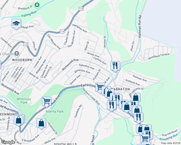 map of restaurants, bars, coffee shops, grocery stores, and more near 1257 Montrose Avenue in Morgantown