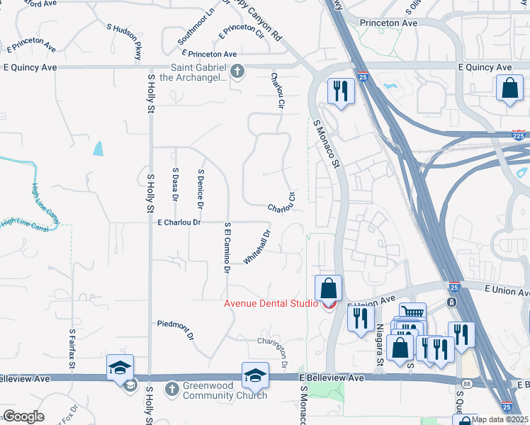 map of restaurants, bars, coffee shops, grocery stores, and more near 48 Charlou Circle in Cherry Hills Village