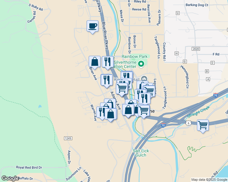 map of restaurants, bars, coffee shops, grocery stores, and more near 381 Adams Avenue in Silverthorne