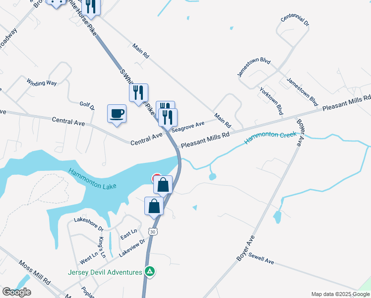 map of restaurants, bars, coffee shops, grocery stores, and more near 8 Pleasant Mills Road in Hammonton