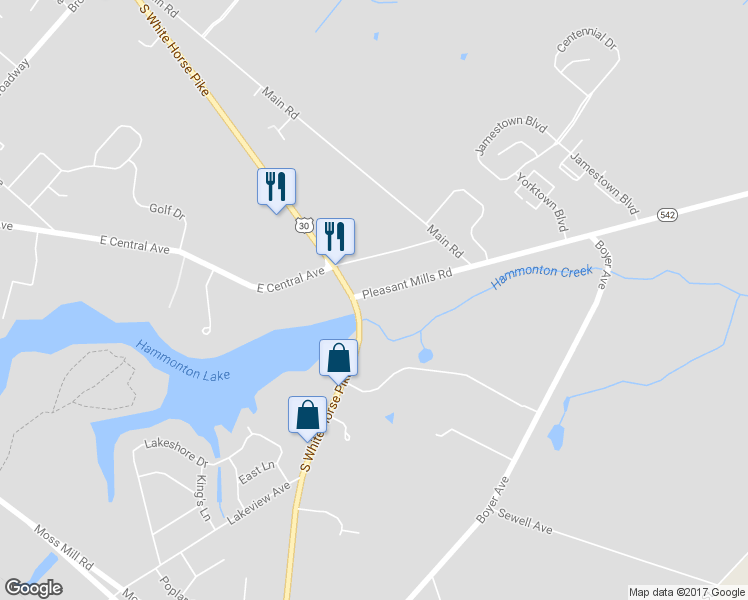 map of restaurants, bars, coffee shops, grocery stores, and more near 8 Pleasant Mills Road in Hammonton