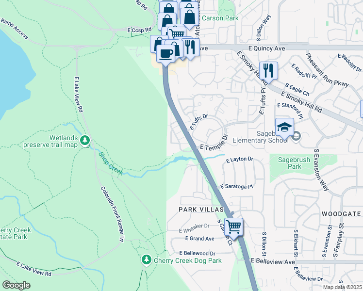 map of restaurants, bars, coffee shops, grocery stores, and more near 4658 South Abilene Circle in Aurora