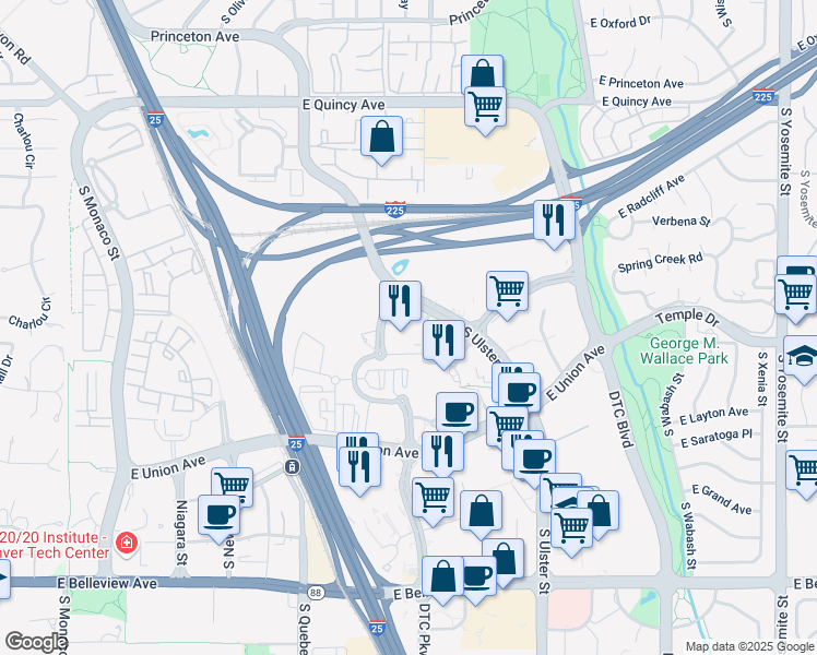 map of restaurants, bars, coffee shops, grocery stores, and more near 7604 Technology Way in Denver