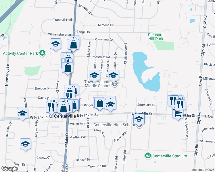 map of restaurants, bars, coffee shops, grocery stores, and more near 95 Linden Drive in Dayton