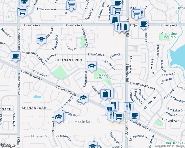 map of restaurants, bars, coffee shops, grocery stores, and more near 4700 South Memphis Street in Aurora