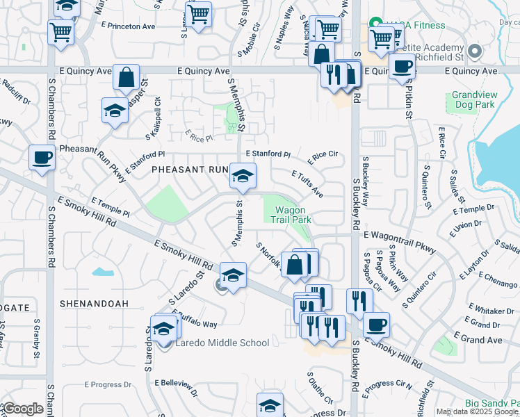 map of restaurants, bars, coffee shops, grocery stores, and more near 4700 South Memphis Street in Aurora