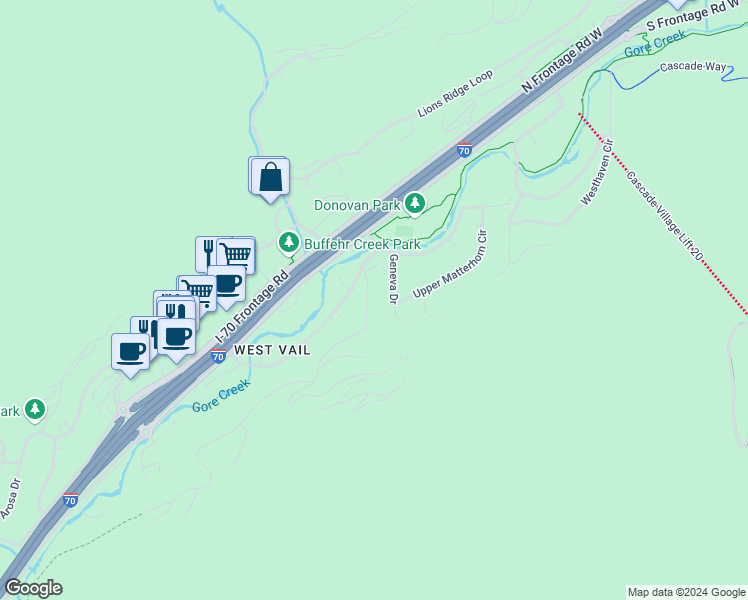 map of restaurants, bars, coffee shops, grocery stores, and more near 1714 Geneva Drive in Vail