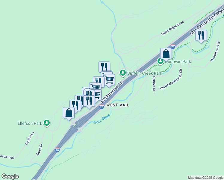 map of restaurants, bars, coffee shops, grocery stores, and more near 2041-2067 Interstate 70 Frontage Road in Vail
