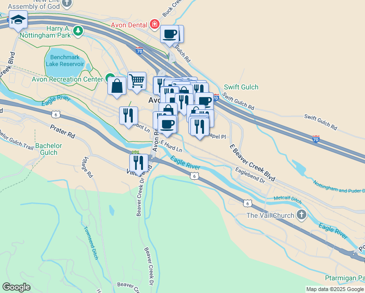 map of restaurants, bars, coffee shops, grocery stores, and more near 360 Hurd Lane in Avon