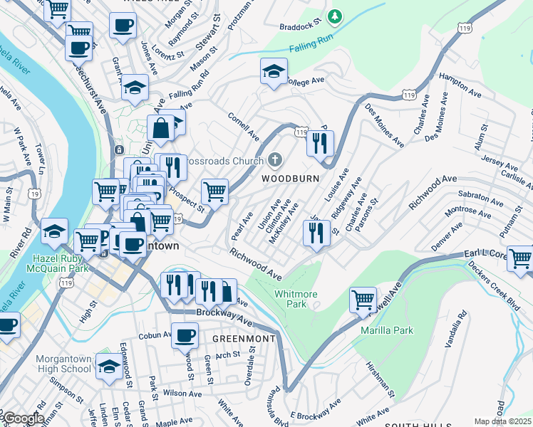 map of restaurants, bars, coffee shops, grocery stores, and more near 700 Union Avenue in Morgantown