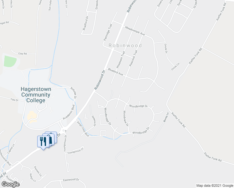 map of restaurants, bars, coffee shops, grocery stores, and more near 11502 Rolling Green Court in Hagerstown