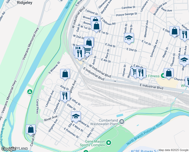 map of restaurants, bars, coffee shops, grocery stores, and more near 201 East Industrial Boulevard in Cumberland