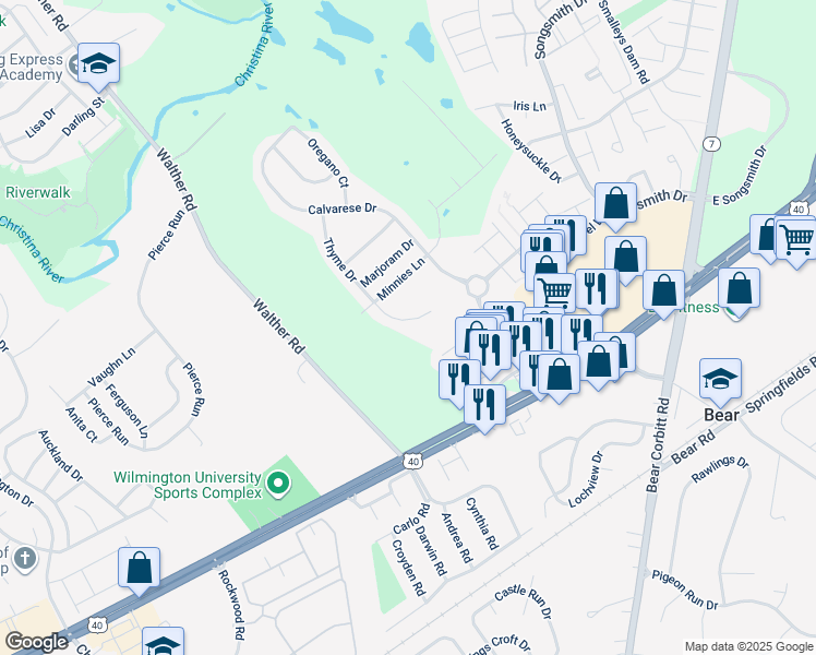 map of restaurants, bars, coffee shops, grocery stores, and more near 114 Rosemary Court in Bear