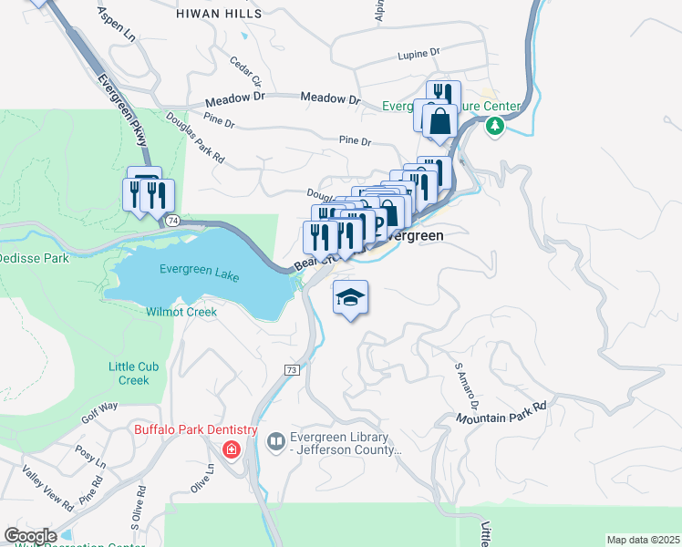 map of restaurants, bars, coffee shops, grocery stores, and more near 4611 Plettner Lane in Evergreen