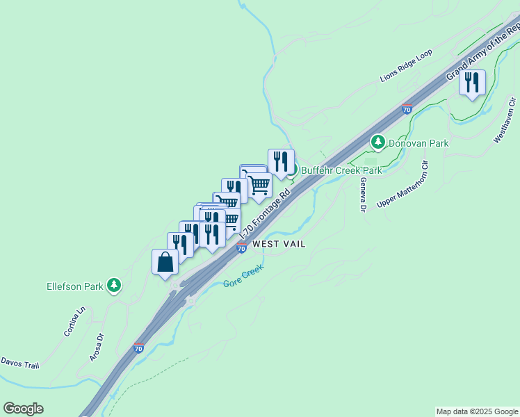 map of restaurants, bars, coffee shops, grocery stores, and more near 2067 Interstate 70 Frontage Road in Vail