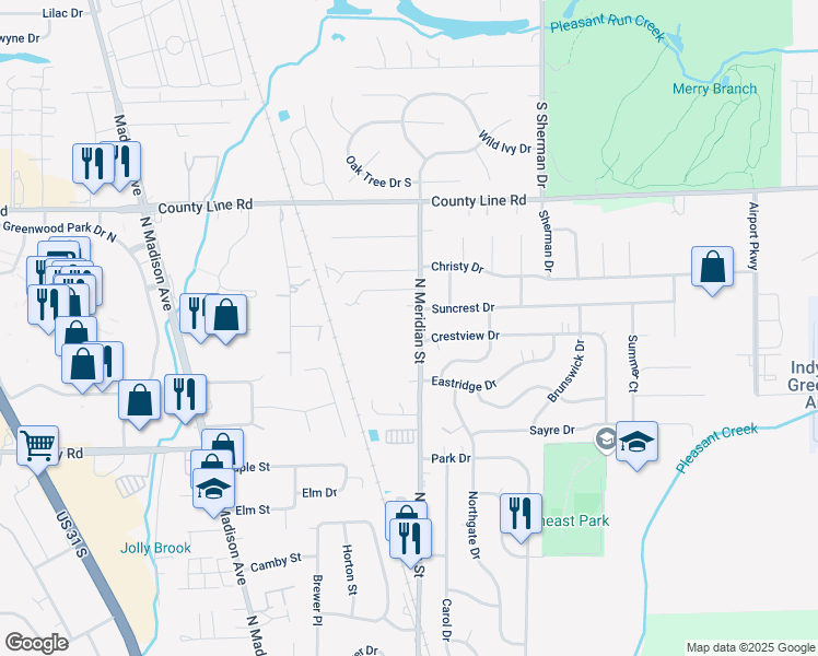map of restaurants, bars, coffee shops, grocery stores, and more near 645 North Meridian Street in Greenwood