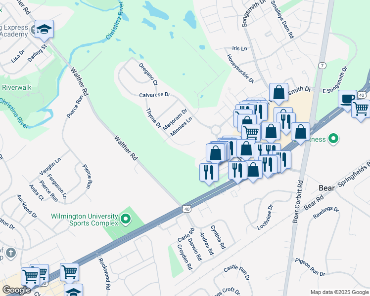 map of restaurants, bars, coffee shops, grocery stores, and more near 114 Rosemary Court in Bear