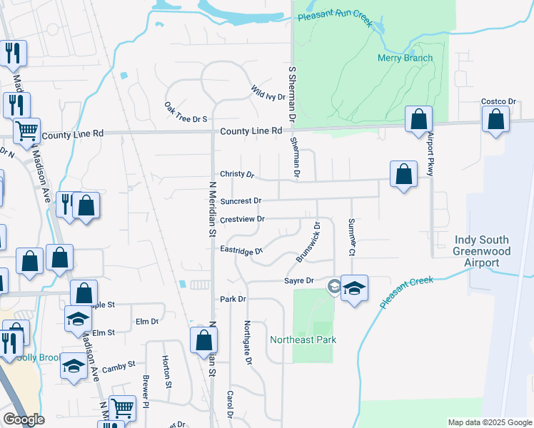 map of restaurants, bars, coffee shops, grocery stores, and more near 26 Crestview Drive in Greenwood