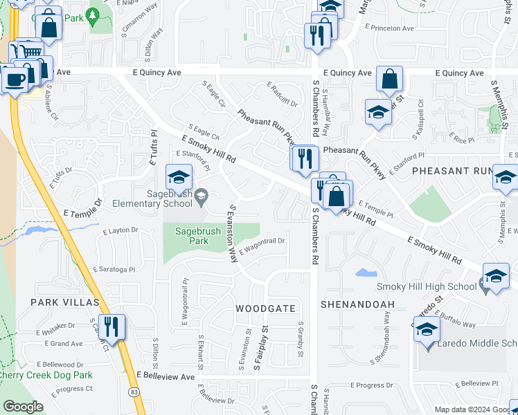 map of restaurants, bars, coffee shops, grocery stores, and more near 14953 East Temple Place in Aurora