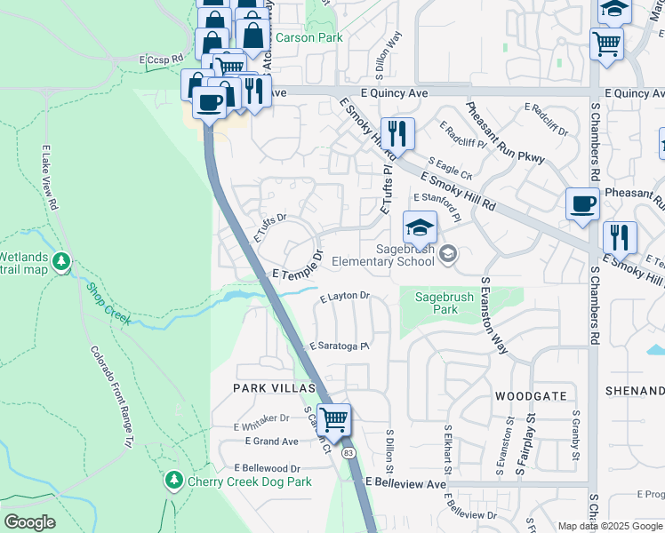map of restaurants, bars, coffee shops, grocery stores, and more near 14110 East Temple Drive in Aurora