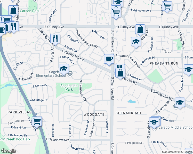 map of restaurants, bars, coffee shops, grocery stores, and more near 4692 South Fraser Circle in Aurora
