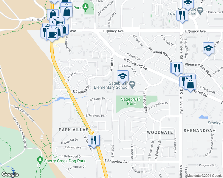 map of restaurants, bars, coffee shops, grocery stores, and more near 4696 South Dillon Court in Aurora