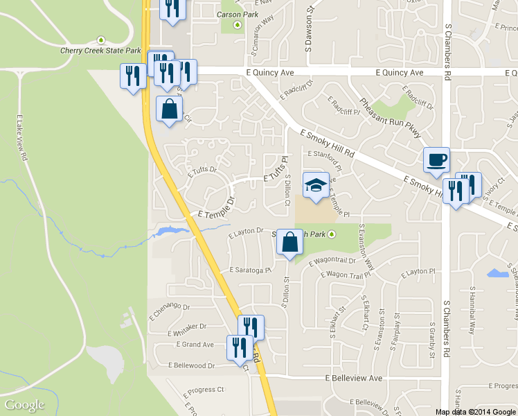 map of restaurants, bars, coffee shops, grocery stores, and more near 4673 South Crystal Way in Aurora