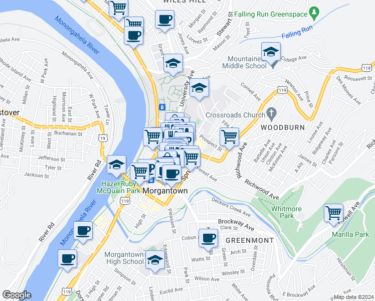 map of restaurants, bars, coffee shops, grocery stores, and more near 442 High Street in Morgantown