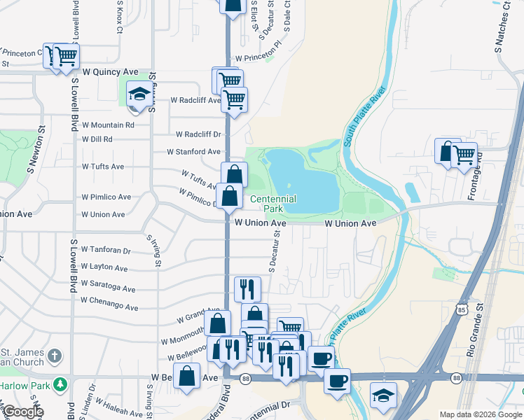map of restaurants, bars, coffee shops, grocery stores, and more near 2966 West Union Avenue in Englewood